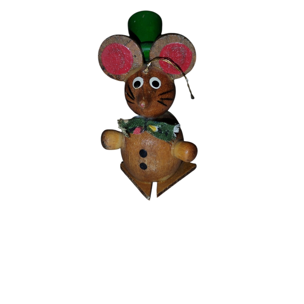 1970's Wooden Mouse Ornament with Green Hat